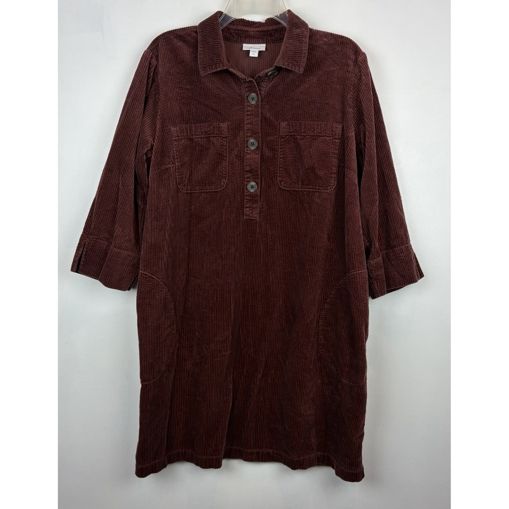 J Jill Corduroy Shirt Dress Women Large Petite Brown Button Pockets Capsule
